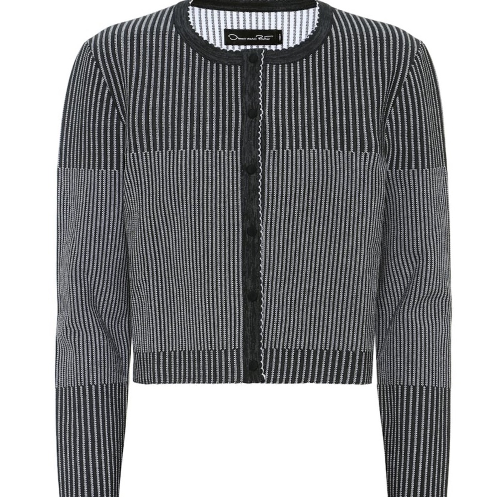 Oscar De La Renta Navy and White Striped Cropped Cardigan (NWT)